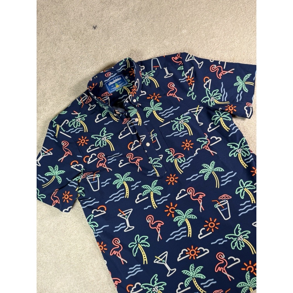 Chubbies Neon Lights Shirt Mens L Blue Hawaiian Flamingo Print Short Sleeve Polo